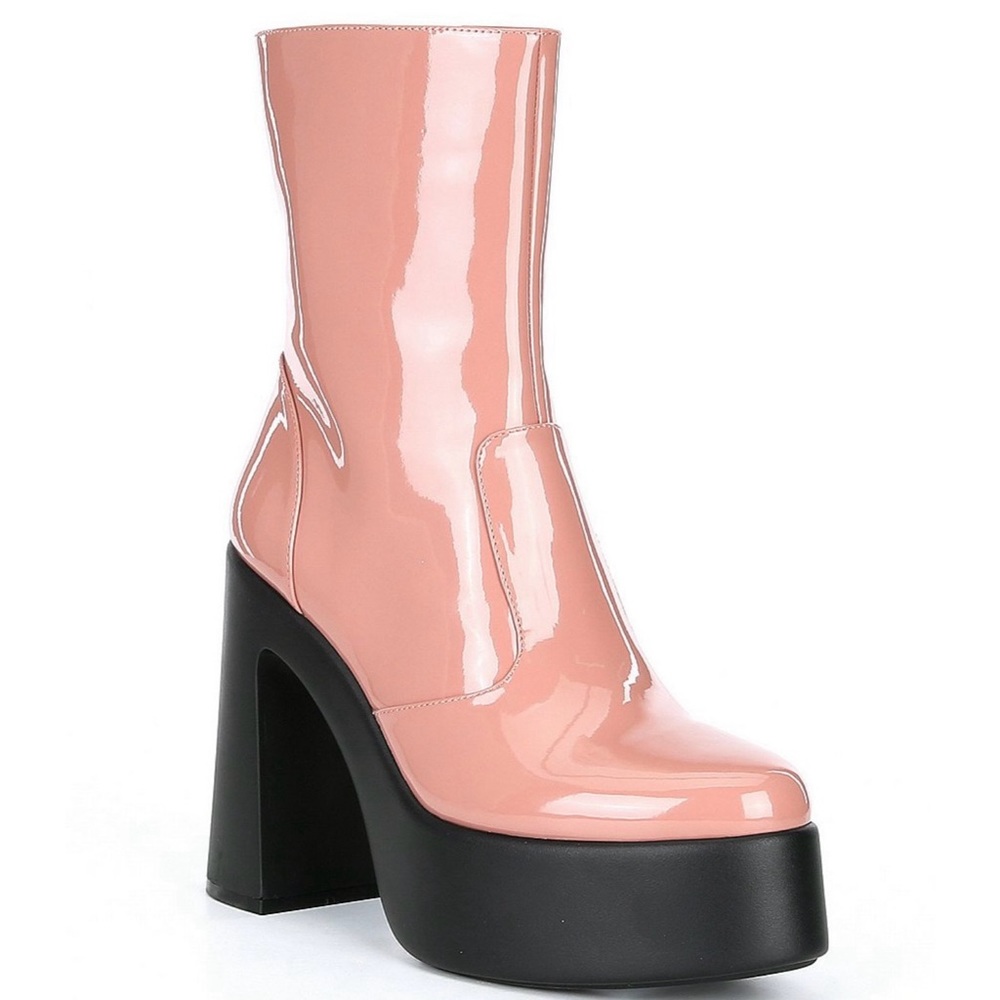 NEW Gianni Bini Levi Tate Patent Faux Leather Boot 9 Pink Blush Mid Calf Retro